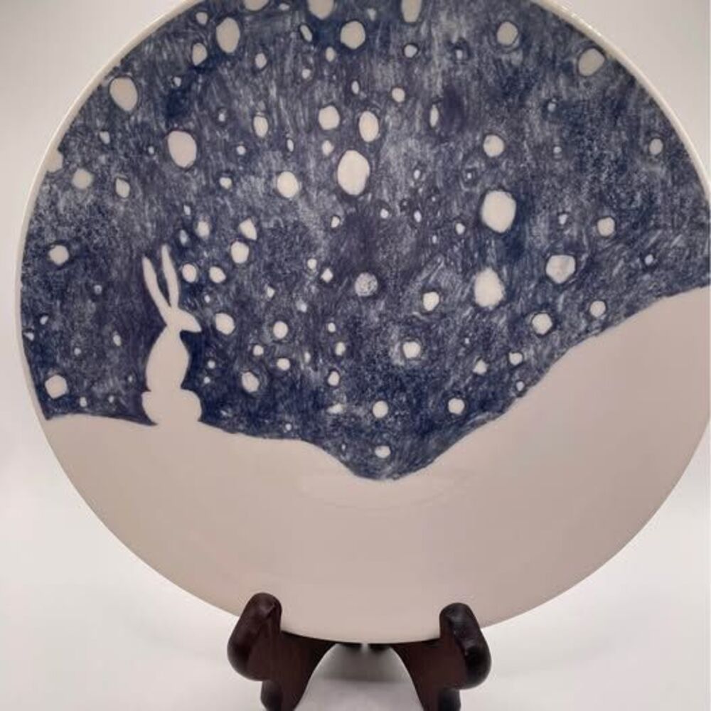 Eric and Eloise "Snowy" Plate Accent Decor - Midnight Hare Rabbit Winter Scene